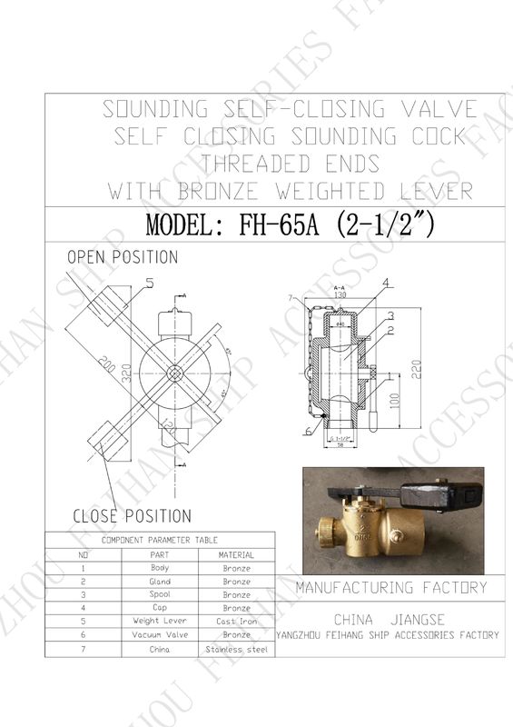 Технический параметр для FH65 CB/T3778-1999 Бронзовый самозамыкающийся клапан